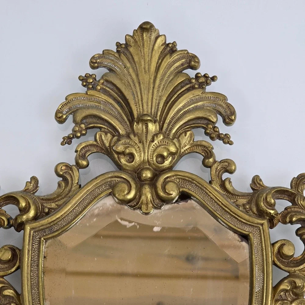 Vintage Brass Rococo Shield Mirror Wall Sconce Ornate Hollywood Regency Gilt